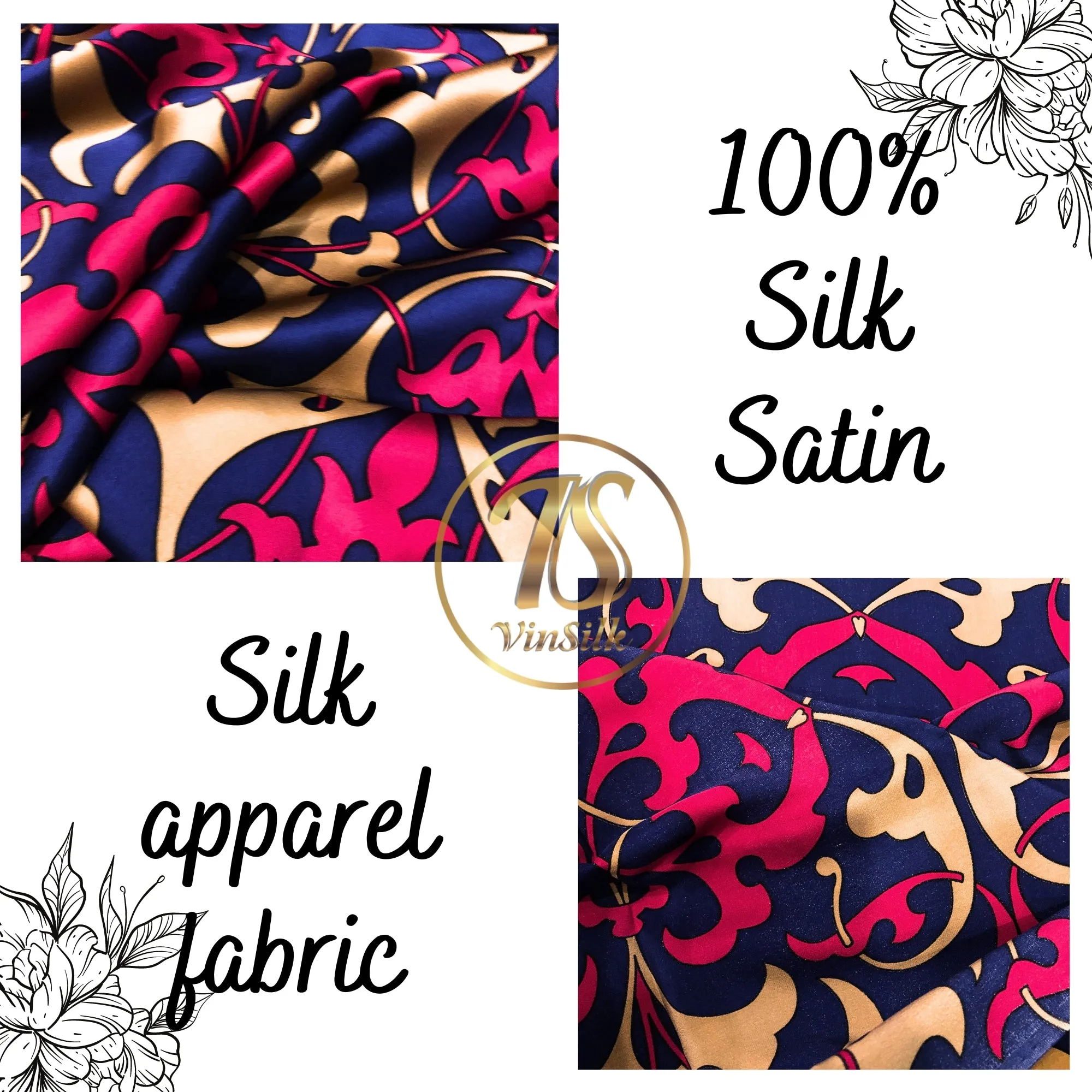100% PURE MULBERRY SILK fabric by the yard – Floral satin silk fabric – Dress making – Silk for sewing - Gift for women
