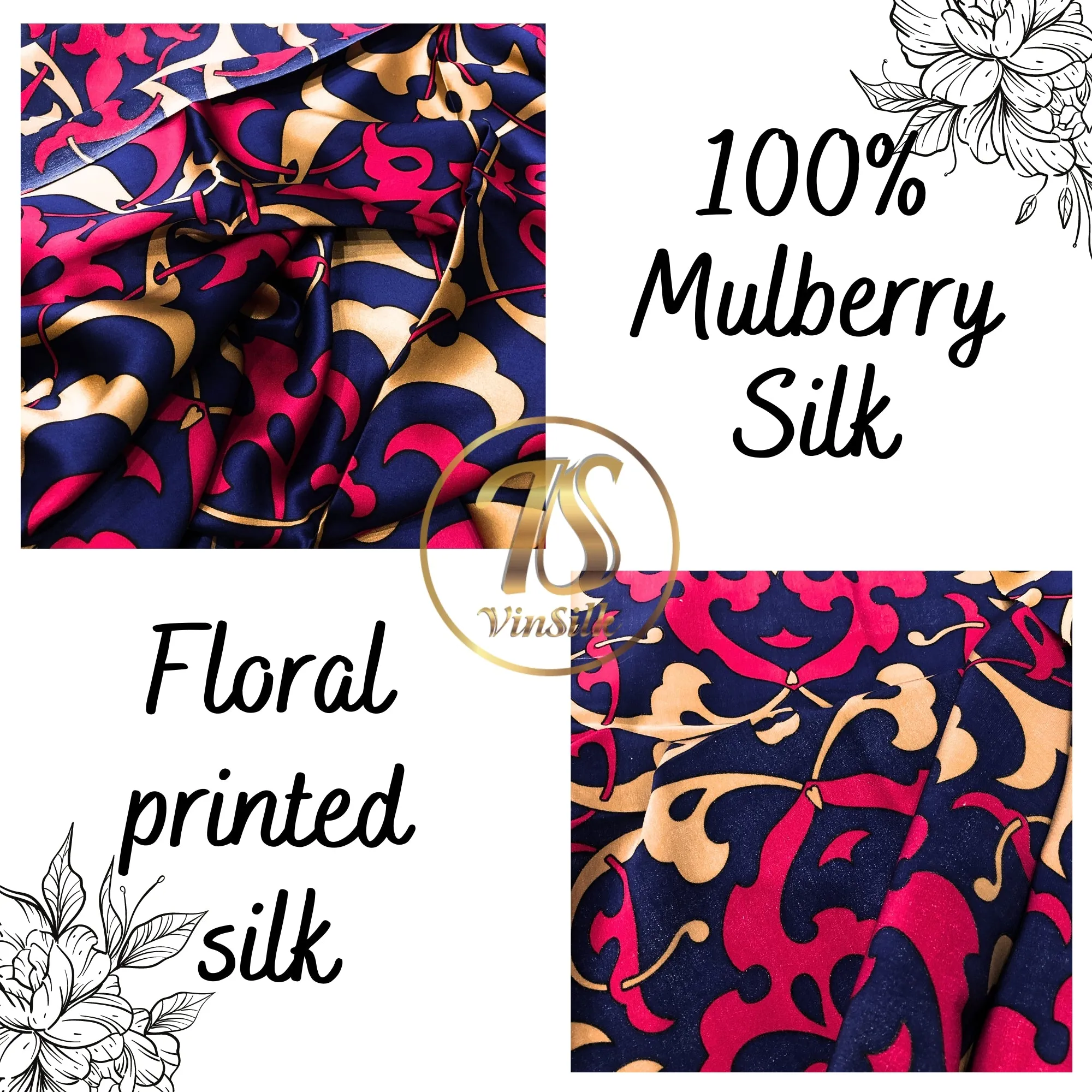 100% PURE MULBERRY SILK fabric by the yard – Floral satin silk fabric – Dress making – Silk for sewing - Gift for women