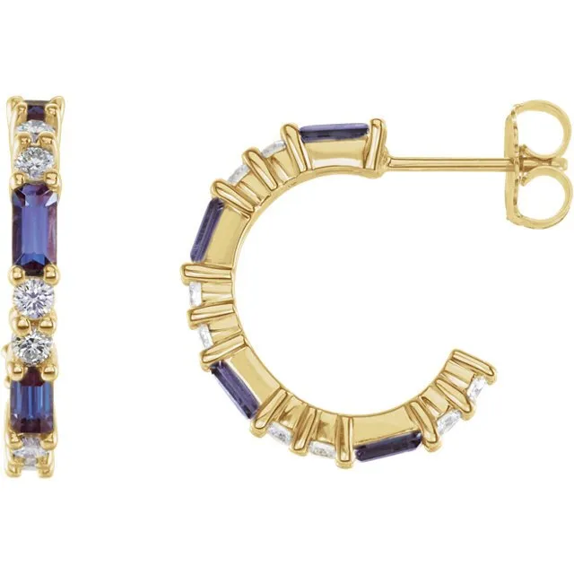 14KT GOLD 1.12 CTW ALEXANDRITE & 1/2 CTW DIAMOND HOOP EARRINGS