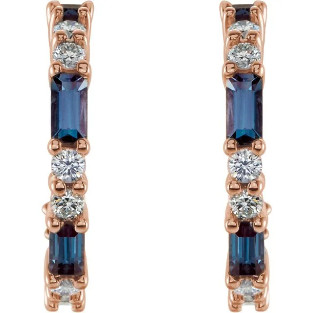 14KT GOLD 1.12 CTW ALEXANDRITE & 1/2 CTW DIAMOND HOOP EARRINGS