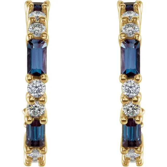 14KT GOLD 1.12 CTW ALEXANDRITE & 1/2 CTW DIAMOND HOOP EARRINGS