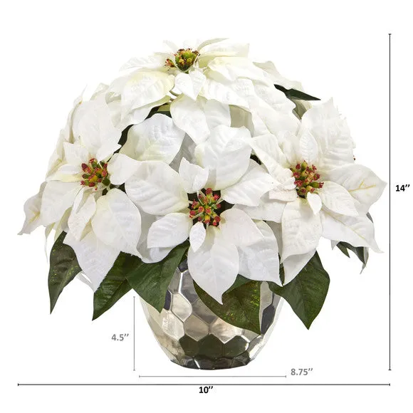14" Poinsettia Artificial Arrangement in Designer Silver Bowl