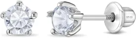 925 Sterling Silver Hypoallergenic 4mm Solitaire Simulated Birthstone Earrings for Girls - Round Simulated Birthstone Kids Earrings Cubic Zirconia for Toddlers - CZ Safety Back Earrings
