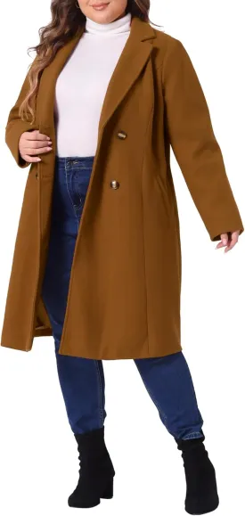 Agnes Orinda Plus Size Long Coats for Women Notched Lapel Winter Warm Double Breasted Coat