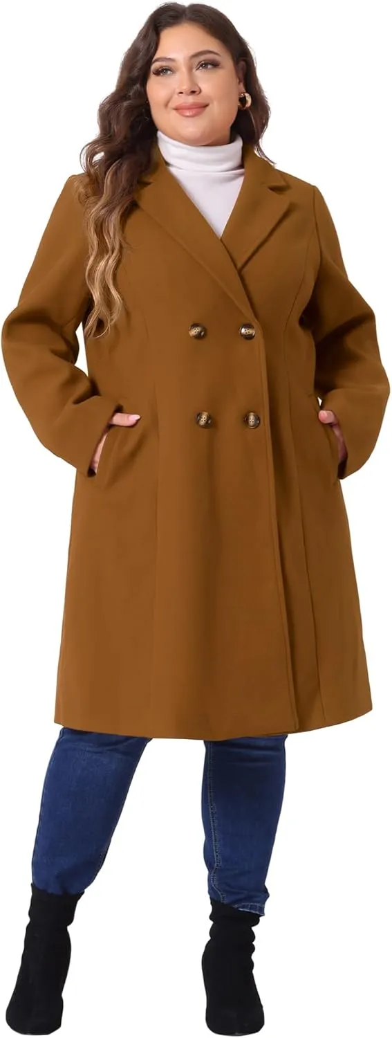 Agnes Orinda Plus Size Long Coats for Women Notched Lapel Winter Warm Double Breasted Coat
