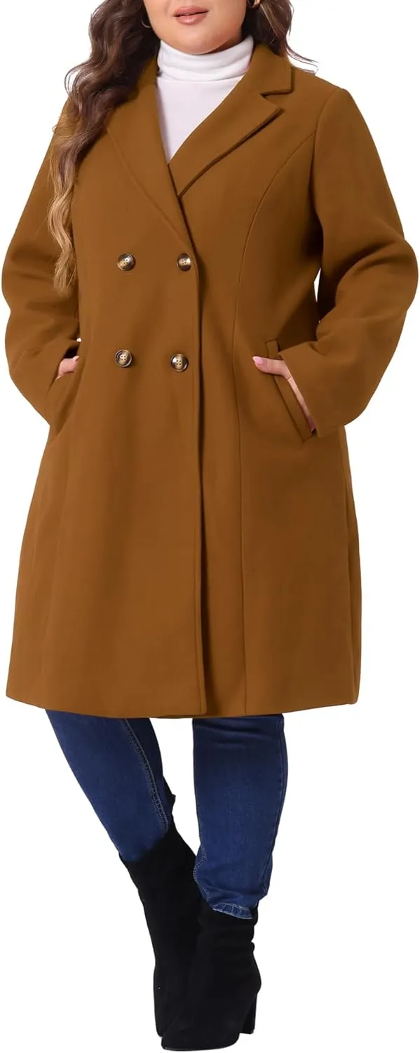 Agnes Orinda Plus Size Long Coats for Women Notched Lapel Winter Warm Double Breasted Coat