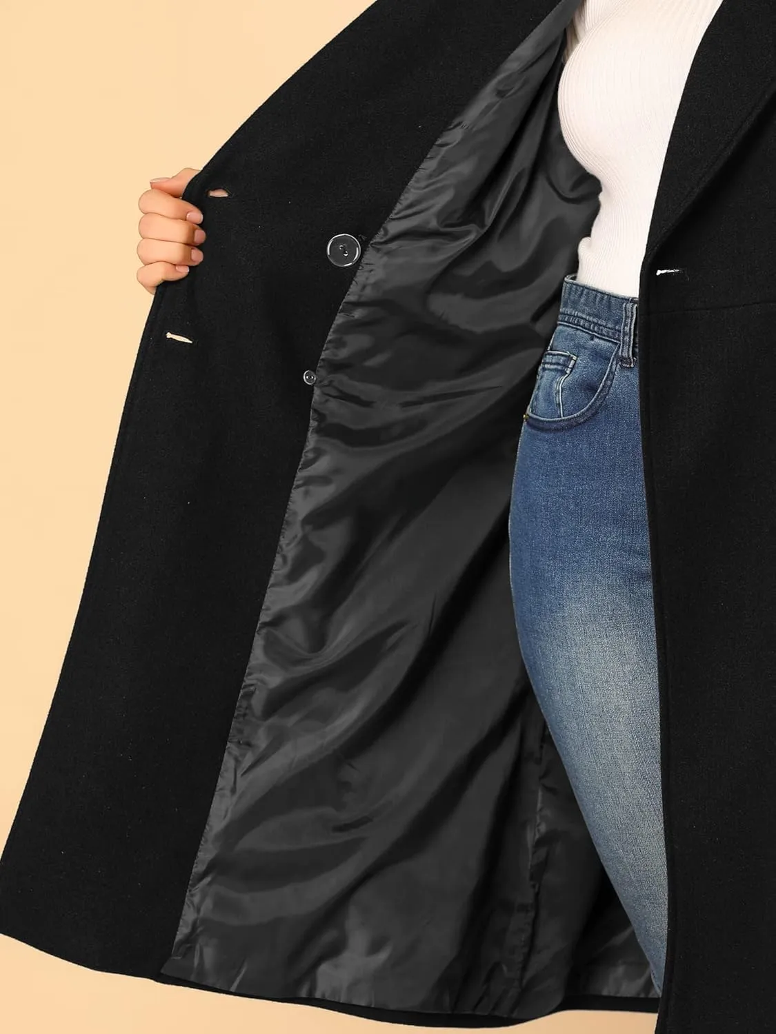 Agnes Orinda Women's Plus Size Long Winter Coats Notch Lapel Double Breasted Pea Trench Coats