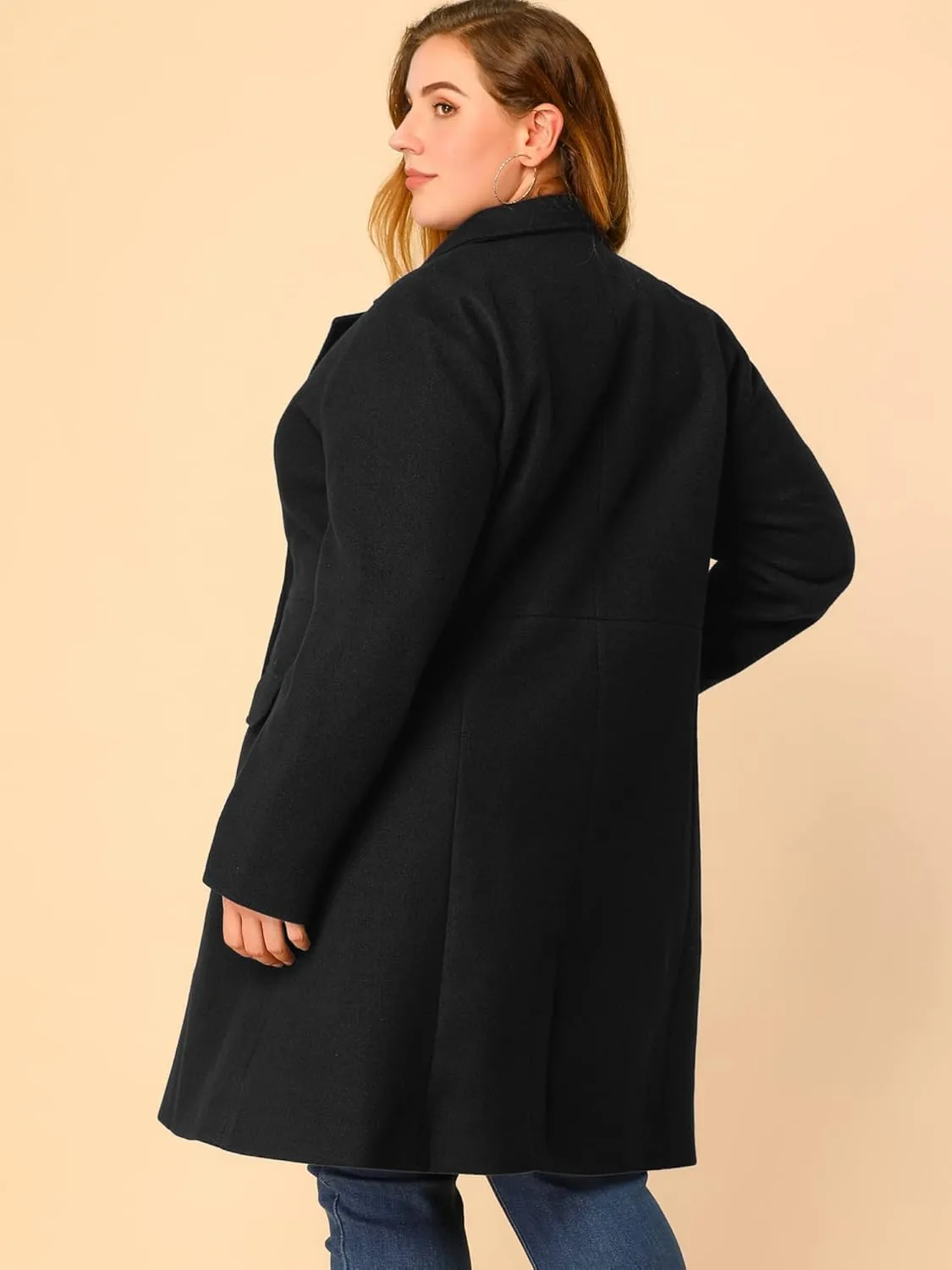 Agnes Orinda Women's Plus Size Long Winter Coats Notch Lapel Double Breasted Pea Trench Coats
