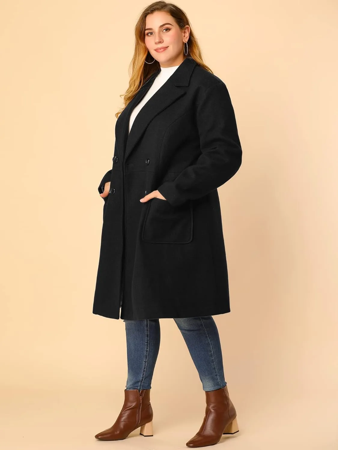 Agnes Orinda Women's Plus Size Long Winter Coats Notch Lapel Double Breasted Pea Trench Coats