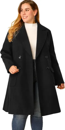 Agnes Orinda Women's Plus Size Long Winter Coats Notch Lapel Double Breasted Pea Trench Coats