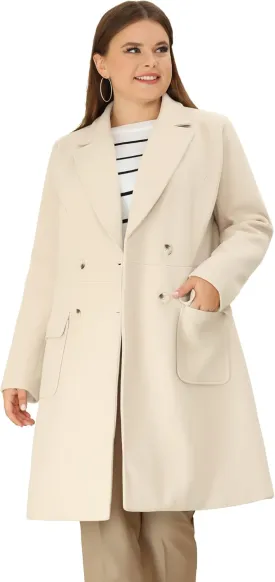 Agnes Orinda Women's Plus Size Long Winter Coats Notch Lapel Double Breasted Pea Trench Coats