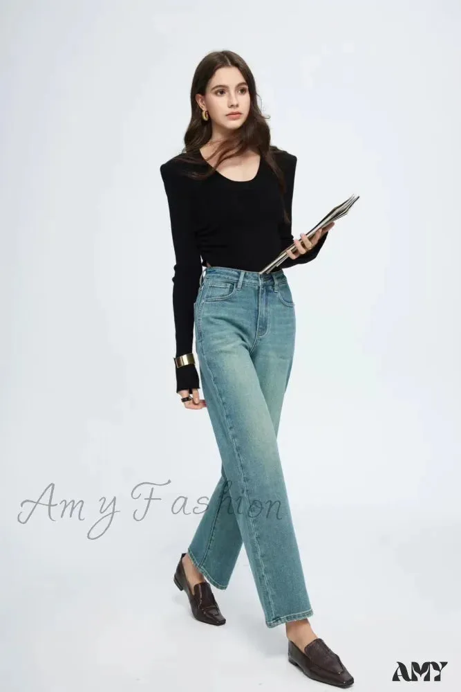 Amy Fashion - Straight Leg Denim Pant New Korean Straight Woman Female Spring 2024 Jean