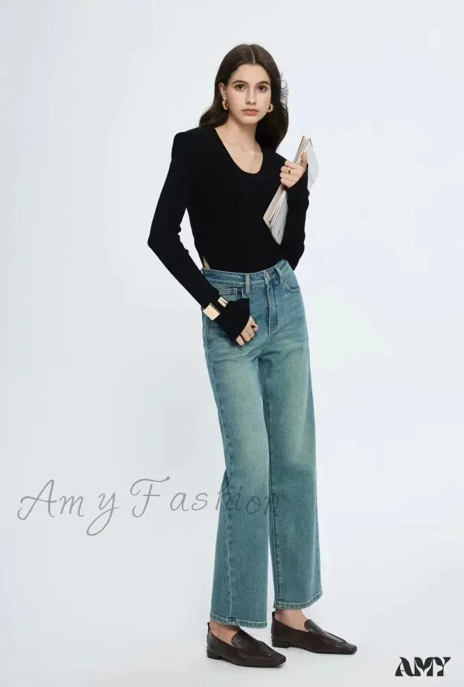 Amy Fashion - Straight Leg Denim Pant New Korean Straight Woman Female Spring 2024 Jean