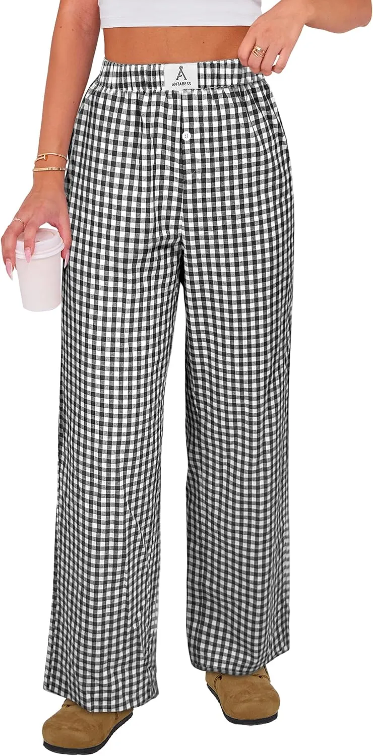 ANRABESS Womens Striped Gingham Pants 2025 Pajama Lounge Boxer Pants Cute PJ Bottoms Casual Wide Leg Trousers with Pockets