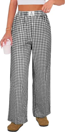 ANRABESS Womens Striped Gingham Pants 2025 Pajama Lounge Boxer Pants Cute PJ Bottoms Casual Wide Leg Trousers with Pockets