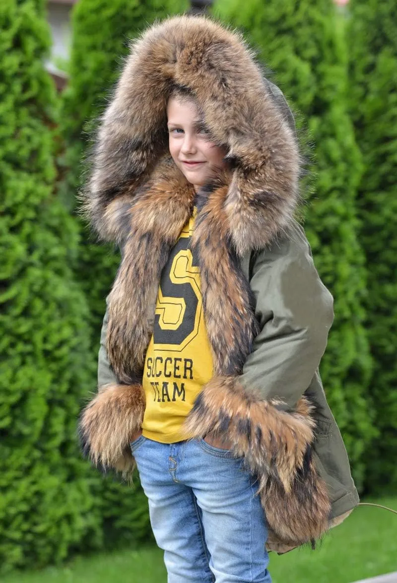 Aofur Kids Boys Fashion Hooded Fur Coat Fleece Lining Jacket Outdoor Trench Parka Warm Thick Winter Anorak Outwear