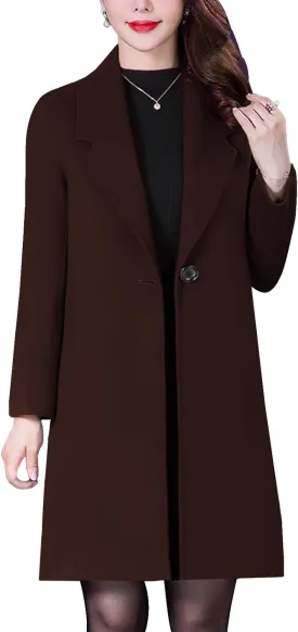 Aprsfn Women's Winter Wool Coats Long Sleeve One Buttoned Pea Coats Notched Lapel Jackets Mid-Length Windproof Overcoat