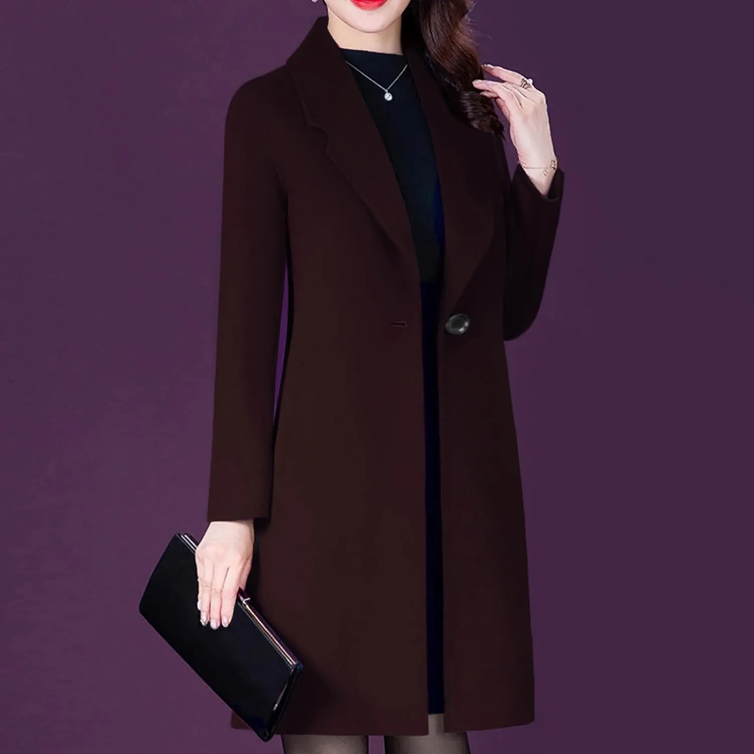 Aprsfn Women's Winter Wool Coats Long Sleeve One Buttoned Pea Coats Notched Lapel Jackets Mid-Length Windproof Overcoat