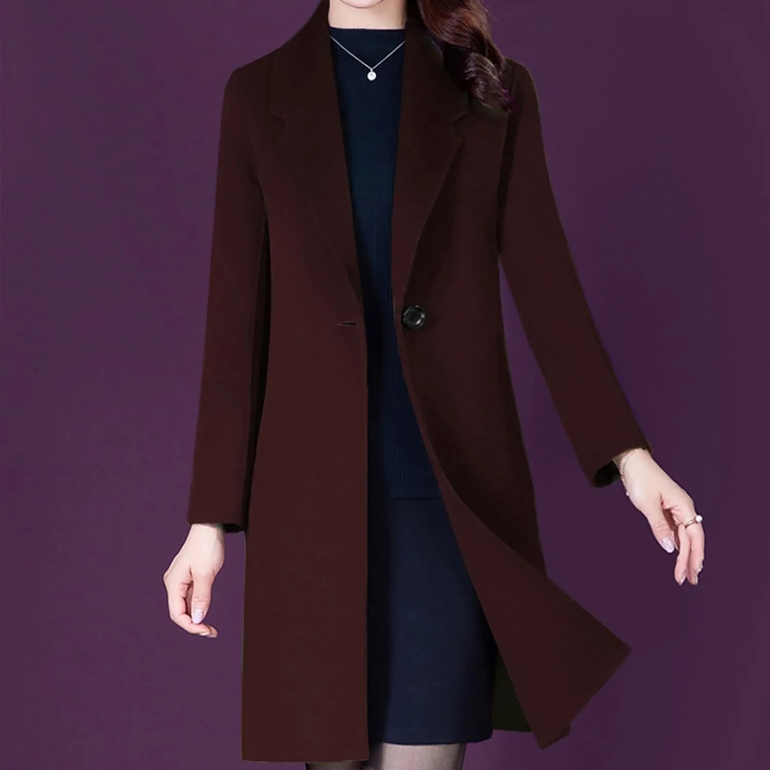 Aprsfn Women's Winter Wool Coats Long Sleeve One Buttoned Pea Coats Notched Lapel Jackets Mid-Length Windproof Overcoat