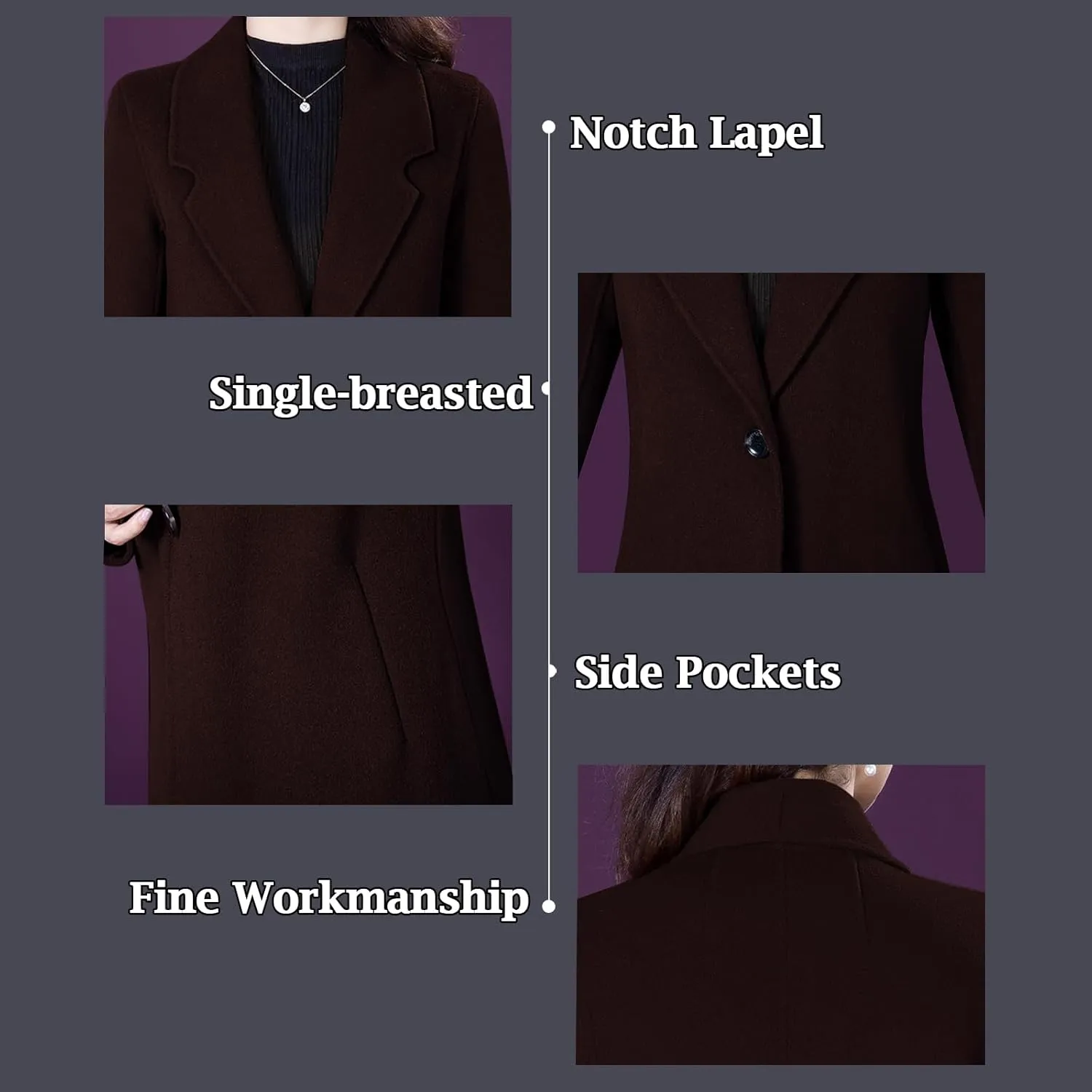 Aprsfn Women's Winter Wool Coats Long Sleeve One Buttoned Pea Coats Notched Lapel Jackets Mid-Length Windproof Overcoat