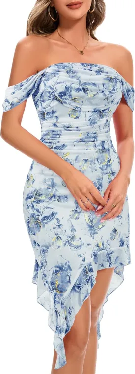 BeryLove Womens Sexy Off Shoulder Mesh Midi Wedding Guest Dresses Ruched Bodycon Ruffled Cocktail Dress