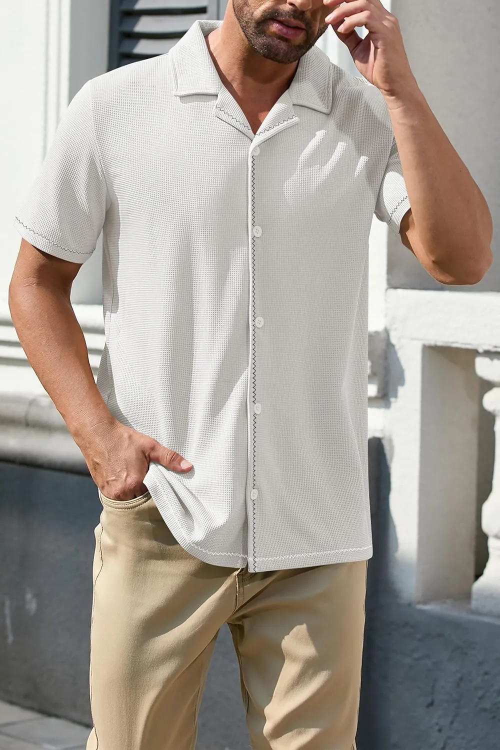 Cakulo Mens Casual Short Sleeve Button Down Shirts Summer Beach Vacation V Neck Collared Shirt