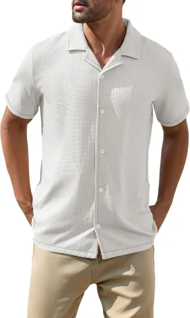Cakulo Mens Casual Short Sleeve Button Down Shirts Summer Beach Vacation V Neck Collared Shirt