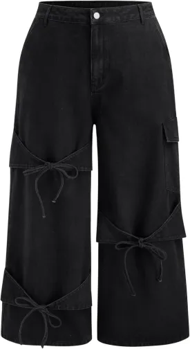 CIDER Baggy Jeans for Women Low Waisted Wide Straight Leg Bow Jeans Denim Pants