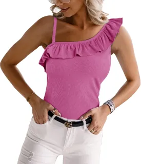CNJFJ Womens Summer Bodycon Camisoles One Shoulder Strap Square Neck Blouse Rib Knitted Ruffle Tank Tops