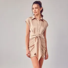 COLLAR BUTTON UP FRONT TIE DRESS