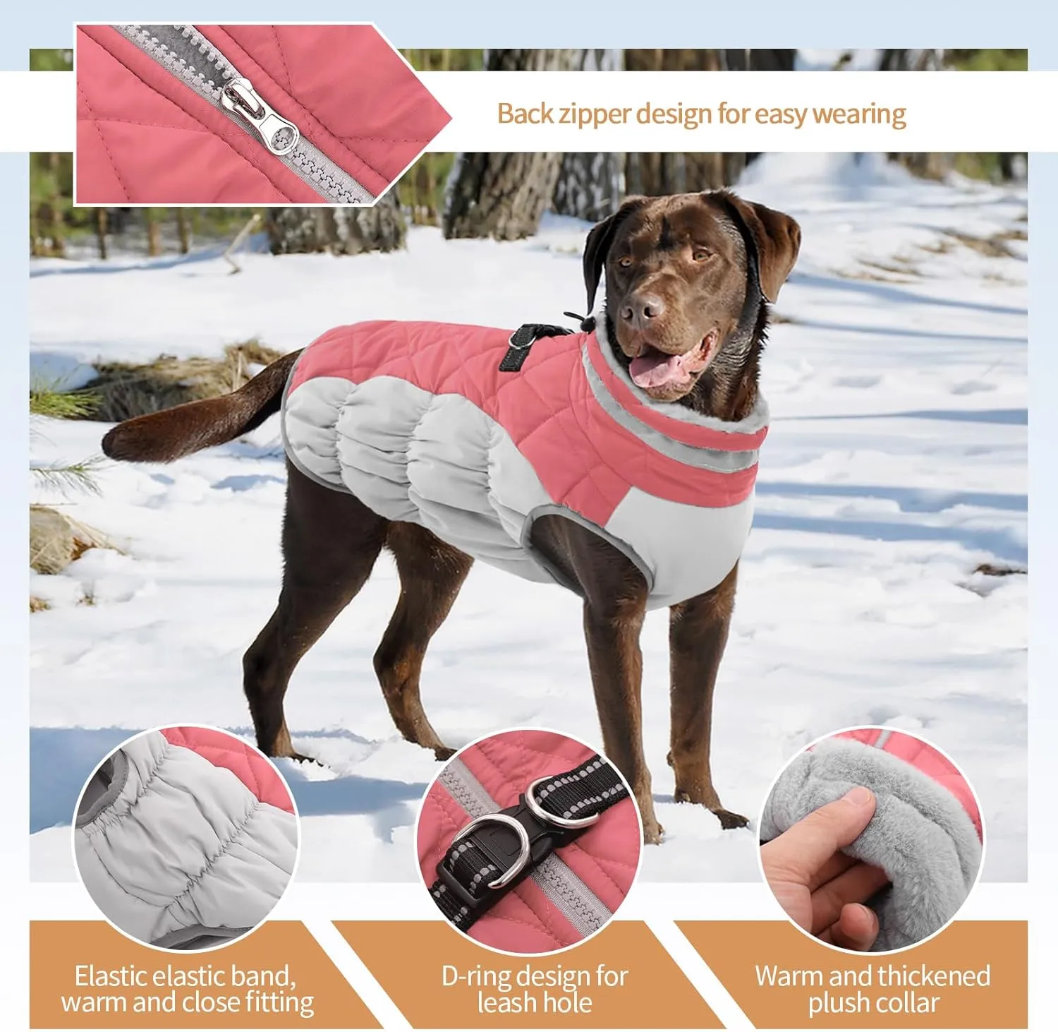 Dog Jackets for Medium Dogs,Medium Dog Coat,Warm Pet Winter Coat Zip Up Back,Waterproof Dogs Jacket with D-Ring,Pet Cold Weather Coats with Fleece Lined, Snowsuit Pug Boston Terrier,Pink,M