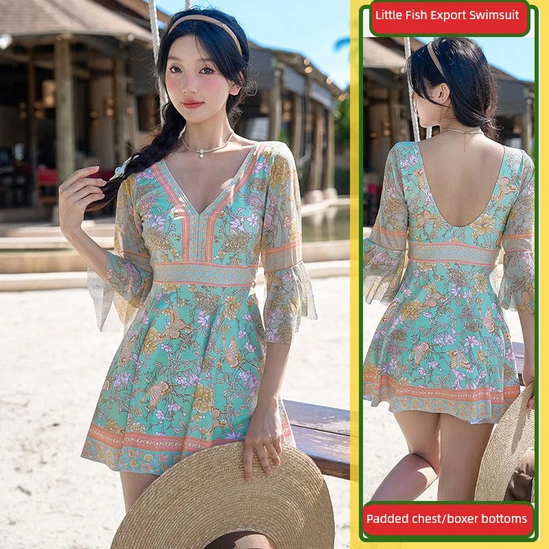 Dress Style Boxer plus Size Slightly Oversized Girls Female Summer Conservative Half Sleeve Sexy Slim Cover Belly Ethnic Style Hot Spring Vacation