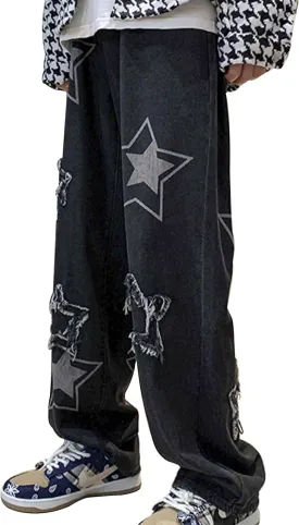 FCOOLYEET Men's Y2K Jeans Hip Hop Baggy Star Denim Pants Grunge Aesthetic Streetwear Jeans Relaxed Fit Trousers