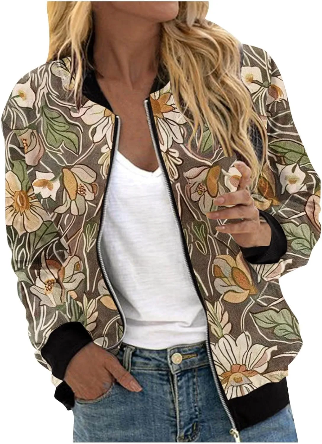 Firzero Fall Jackets for Women 2024 Full Zip Bomber Jacket Lightweight Fall Winter Coats Long Sleeve Oversized Windbreaker