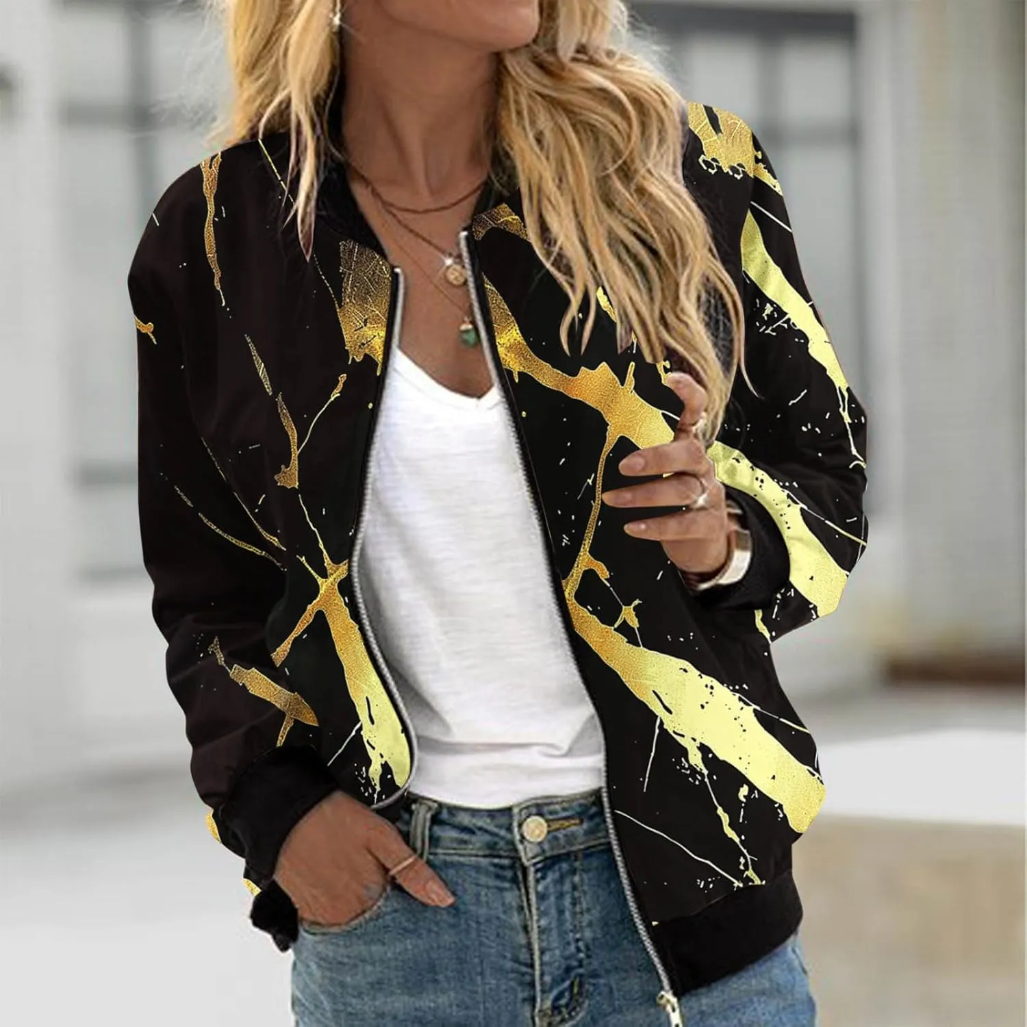 Firzero Fall Jackets for Women 2024 Full Zip Bomber Jacket Lightweight Fall Winter Coats Long Sleeve Oversized Windbreaker