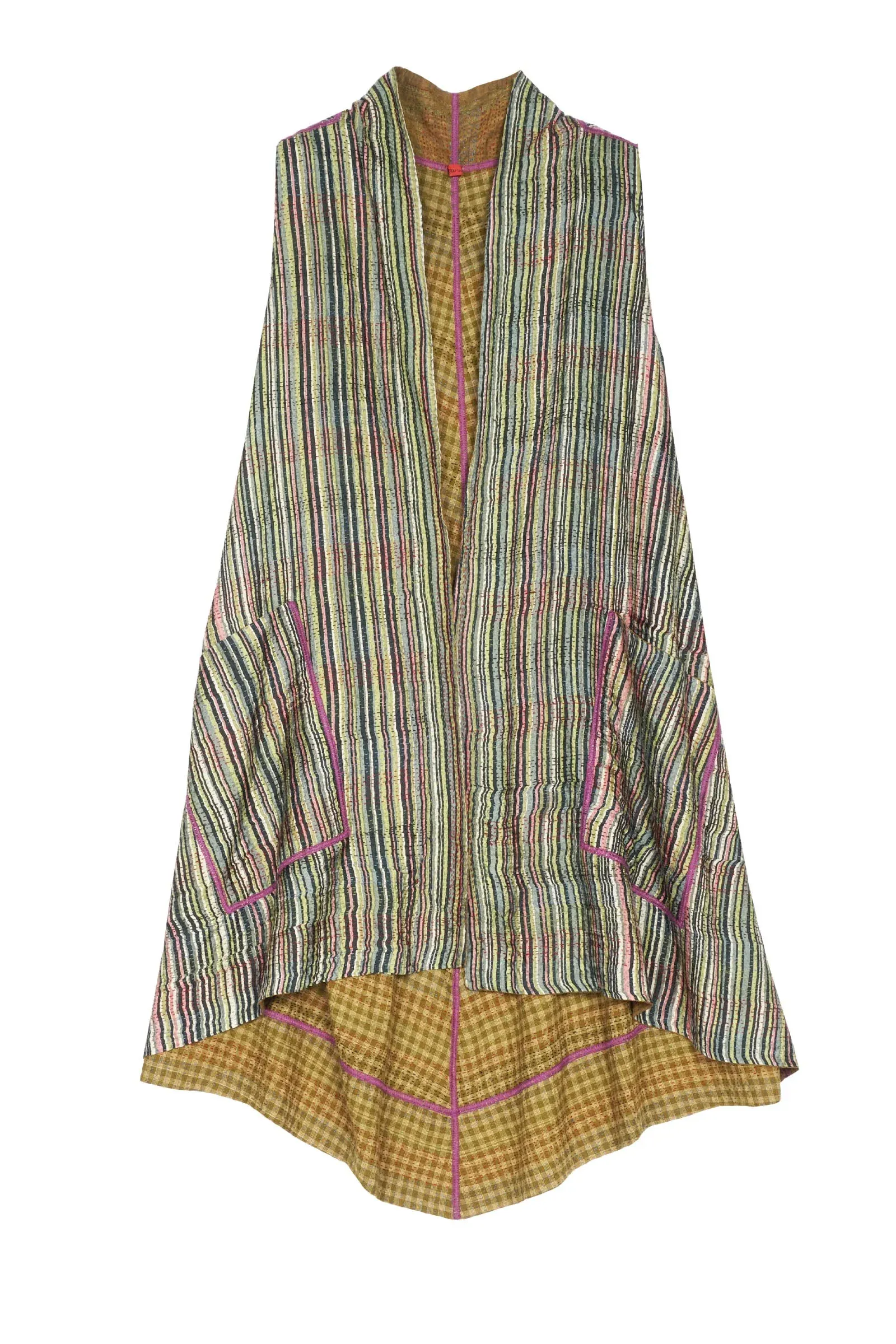 GREEN STRIPE W VINTAGE BACKING KANTHA A-LINE VEST - gt2203-grn -