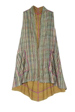 GREEN STRIPE W VINTAGE BACKING KANTHA A-LINE VEST - gt2203-grn -