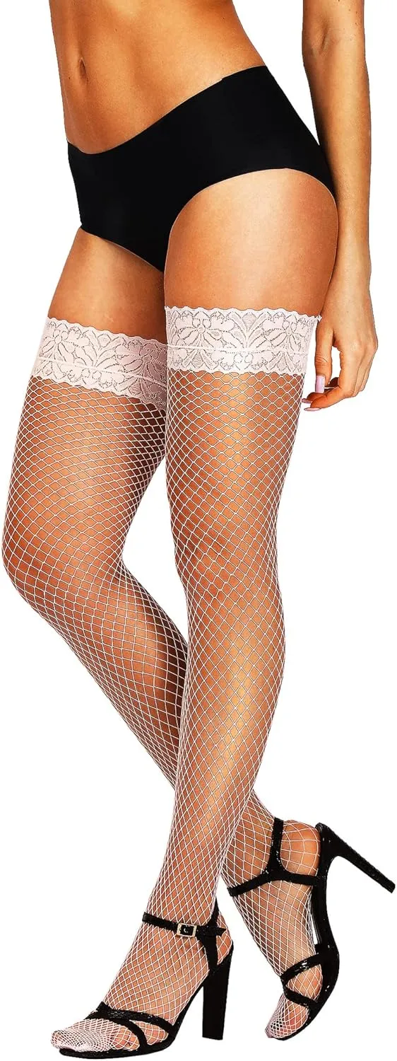 HONENNA Fishnet Thigh High Stockings, 20  Colors Silicone Lace Top Stay Up Nylons Tights for Woman, Size A-D