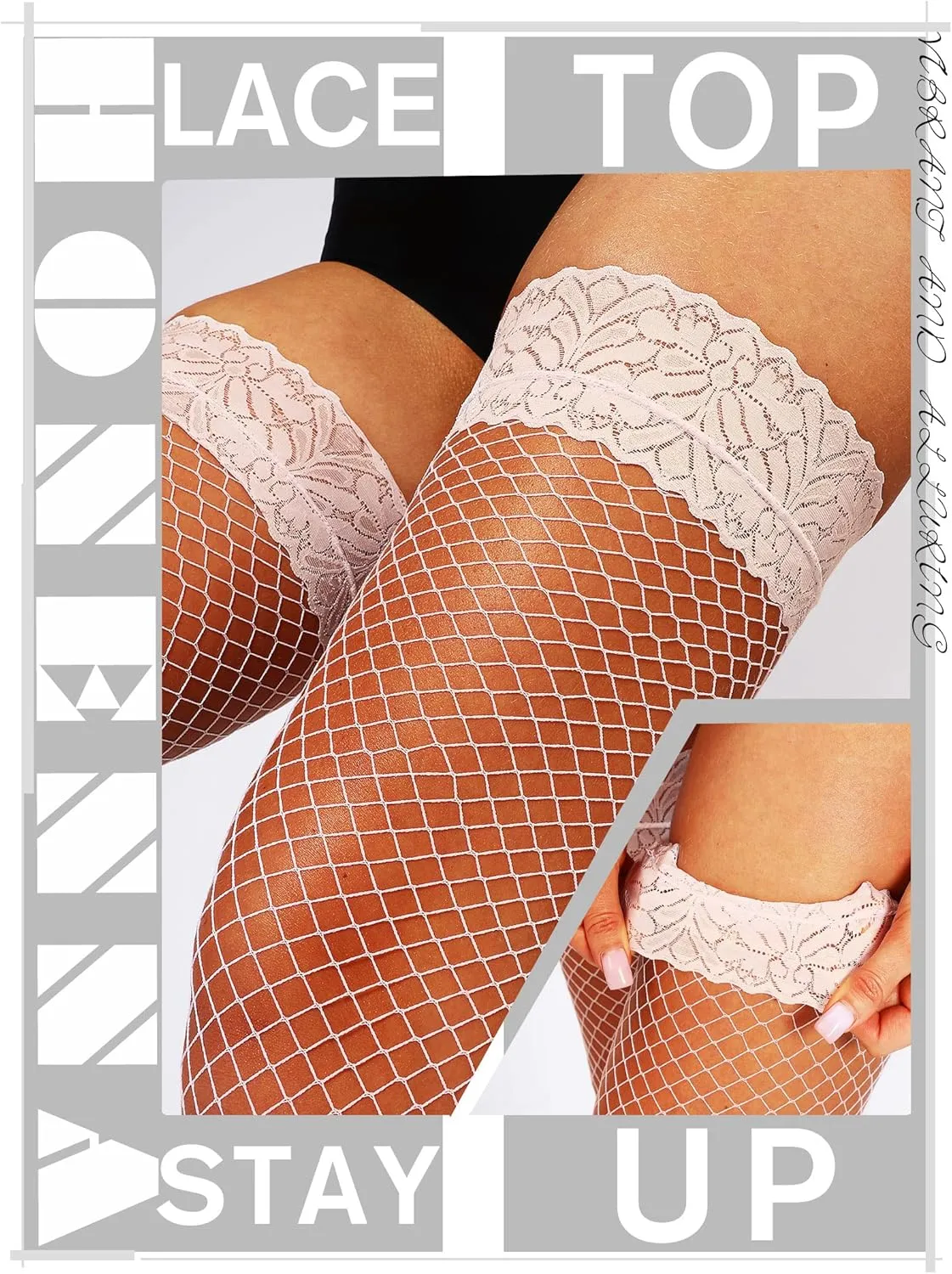 HONENNA Fishnet Thigh High Stockings, 20  Colors Silicone Lace Top Stay Up Nylons Tights for Woman, Size A-D