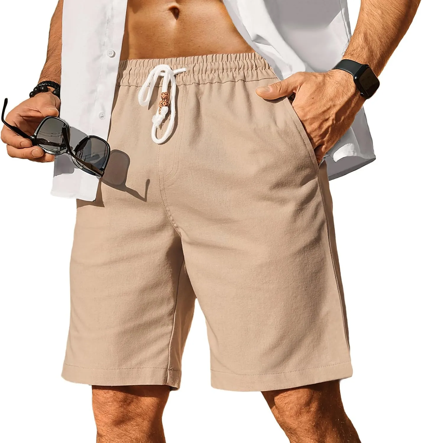 HOTake Men's Linen Shorts Casual Drawstring Elastic Waist Summer Beach Vacation Shorts