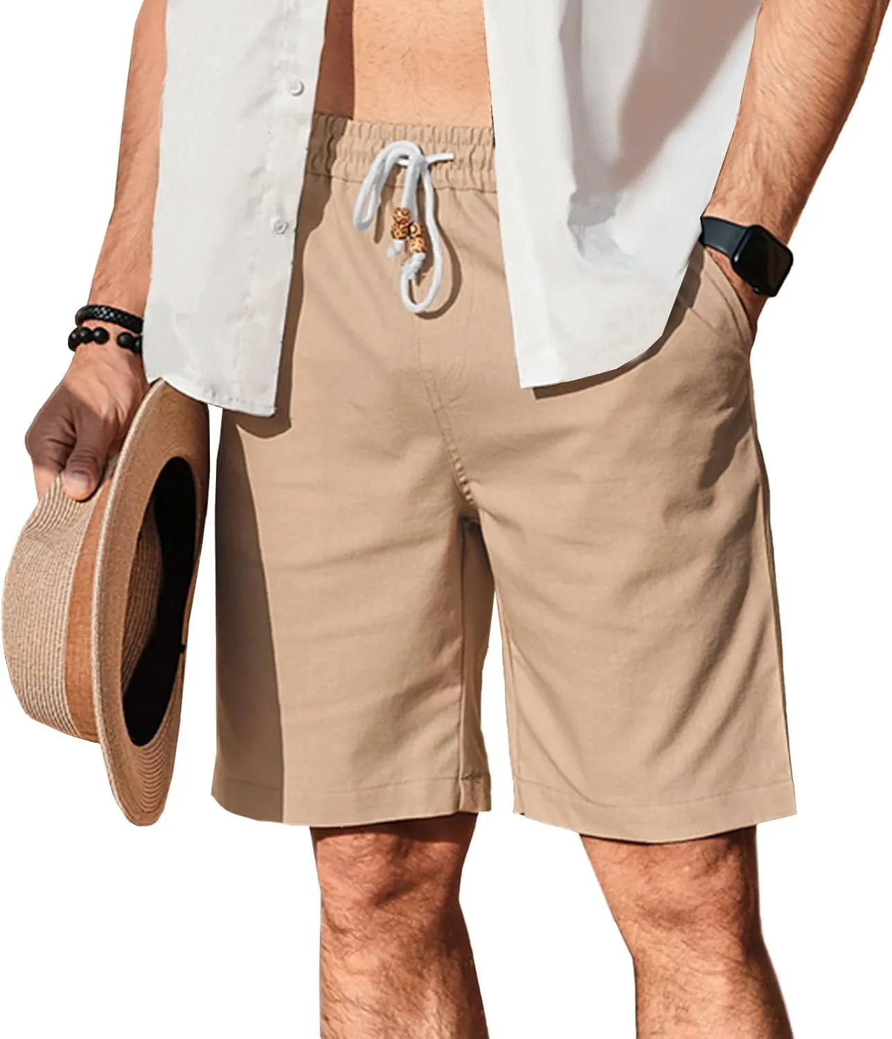 HOTake Men's Linen Shorts Casual Drawstring Elastic Waist Summer Beach Vacation Shorts