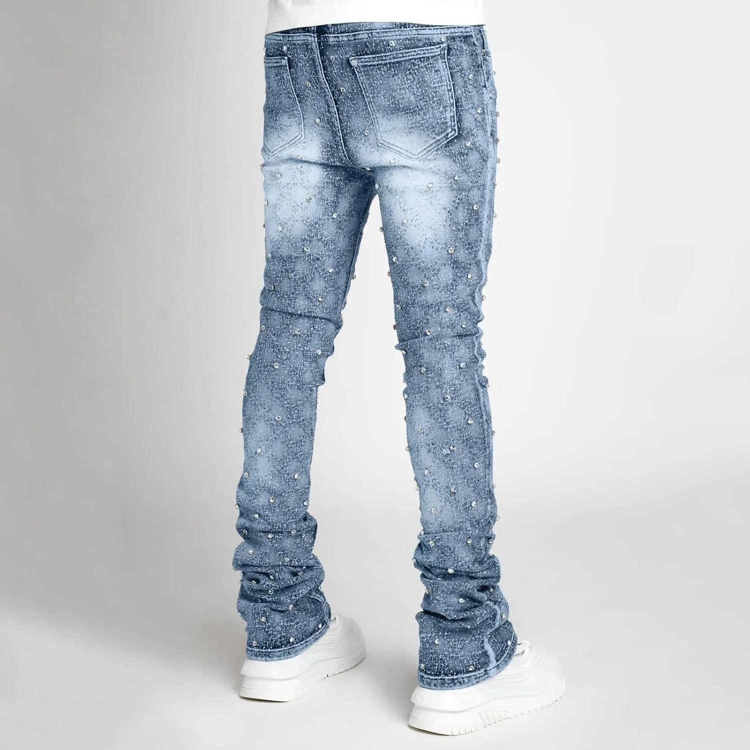 Jeans for Men Stretch Fit Skinny Stacked Rhinestone Jeans Slim Fit Printed Y2K Denim Pants Trousers Streetwear