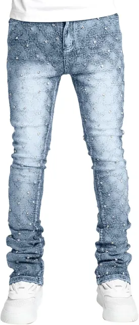 Jeans for Men Stretch Fit Skinny Stacked Rhinestone Jeans Slim Fit Printed Y2K Denim Pants Trousers Streetwear