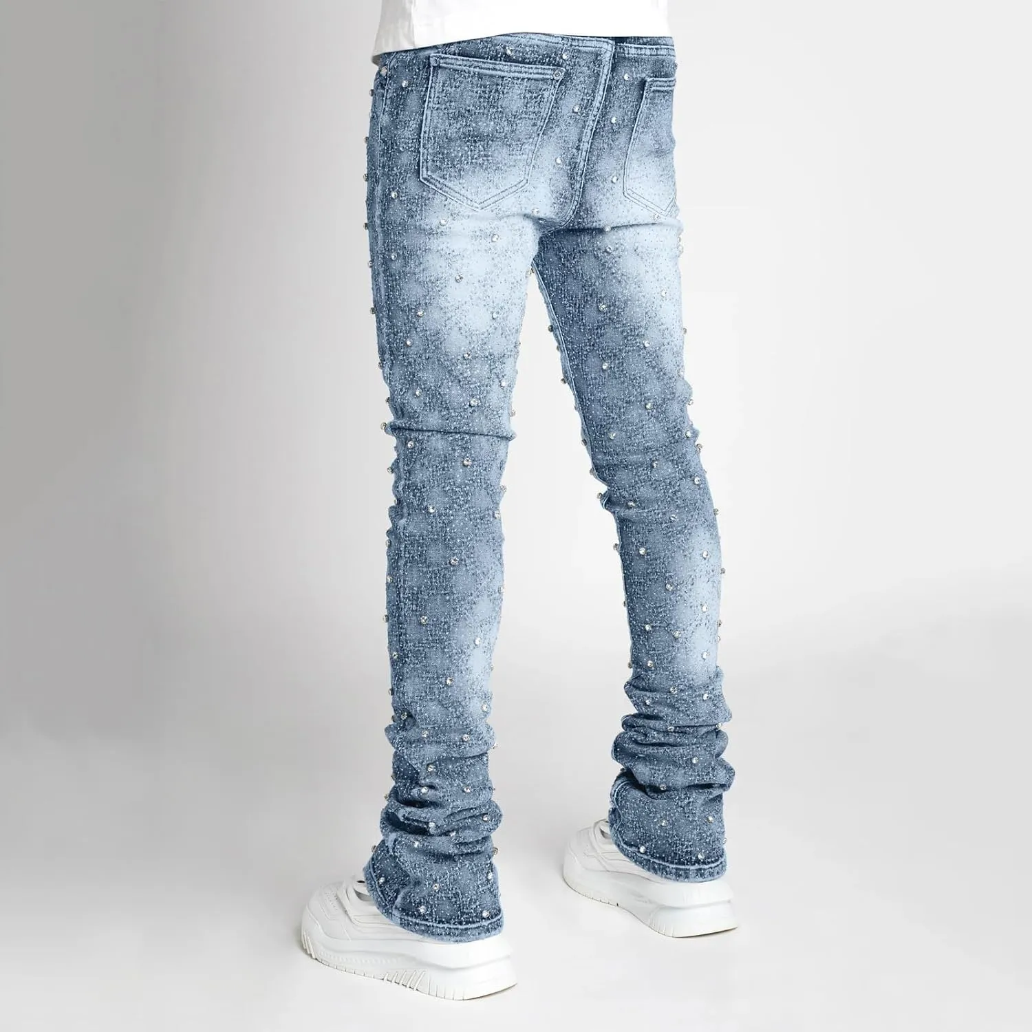 Jeans for Men Stretch Fit Skinny Stacked Rhinestone Jeans Slim Fit Printed Y2K Denim Pants Trousers Streetwear