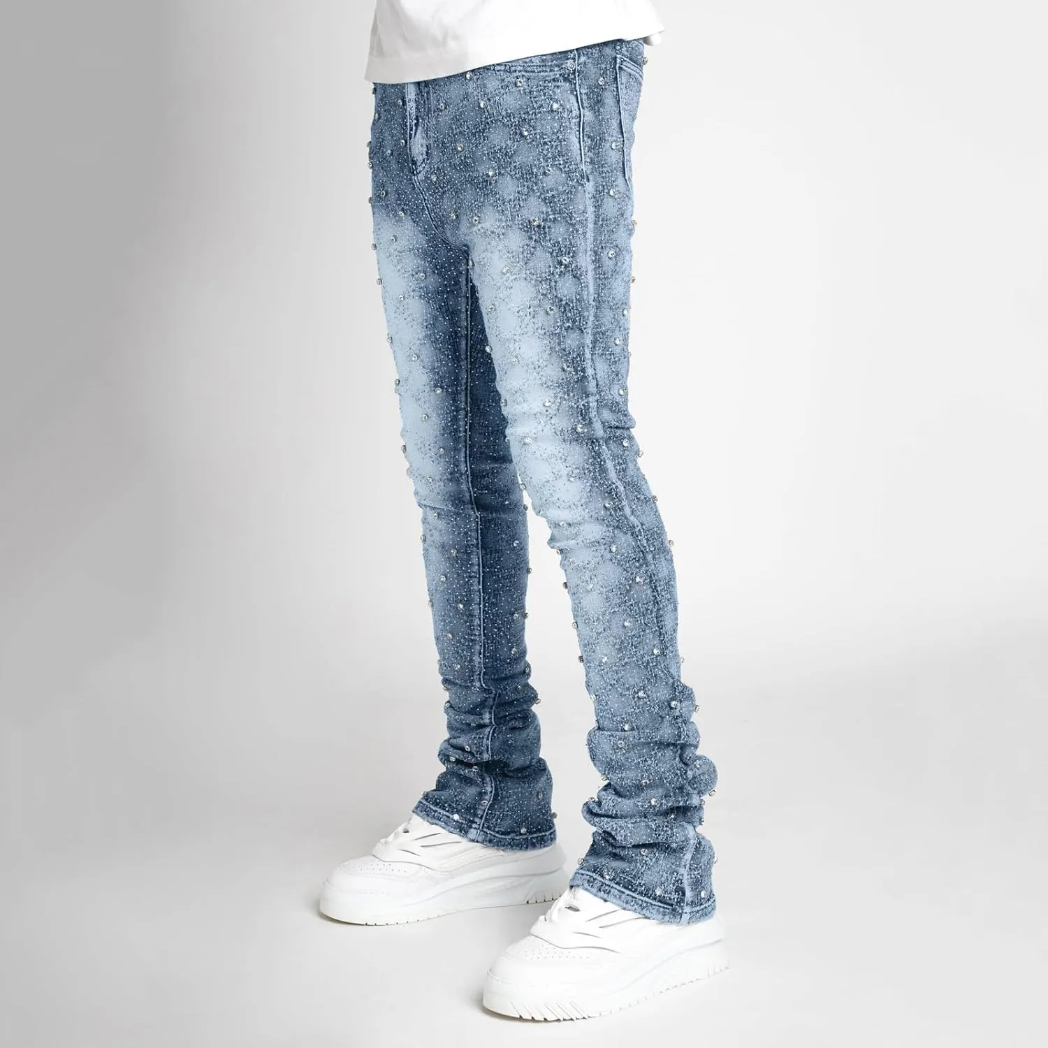Jeans for Men Stretch Fit Skinny Stacked Rhinestone Jeans Slim Fit Printed Y2K Denim Pants Trousers Streetwear