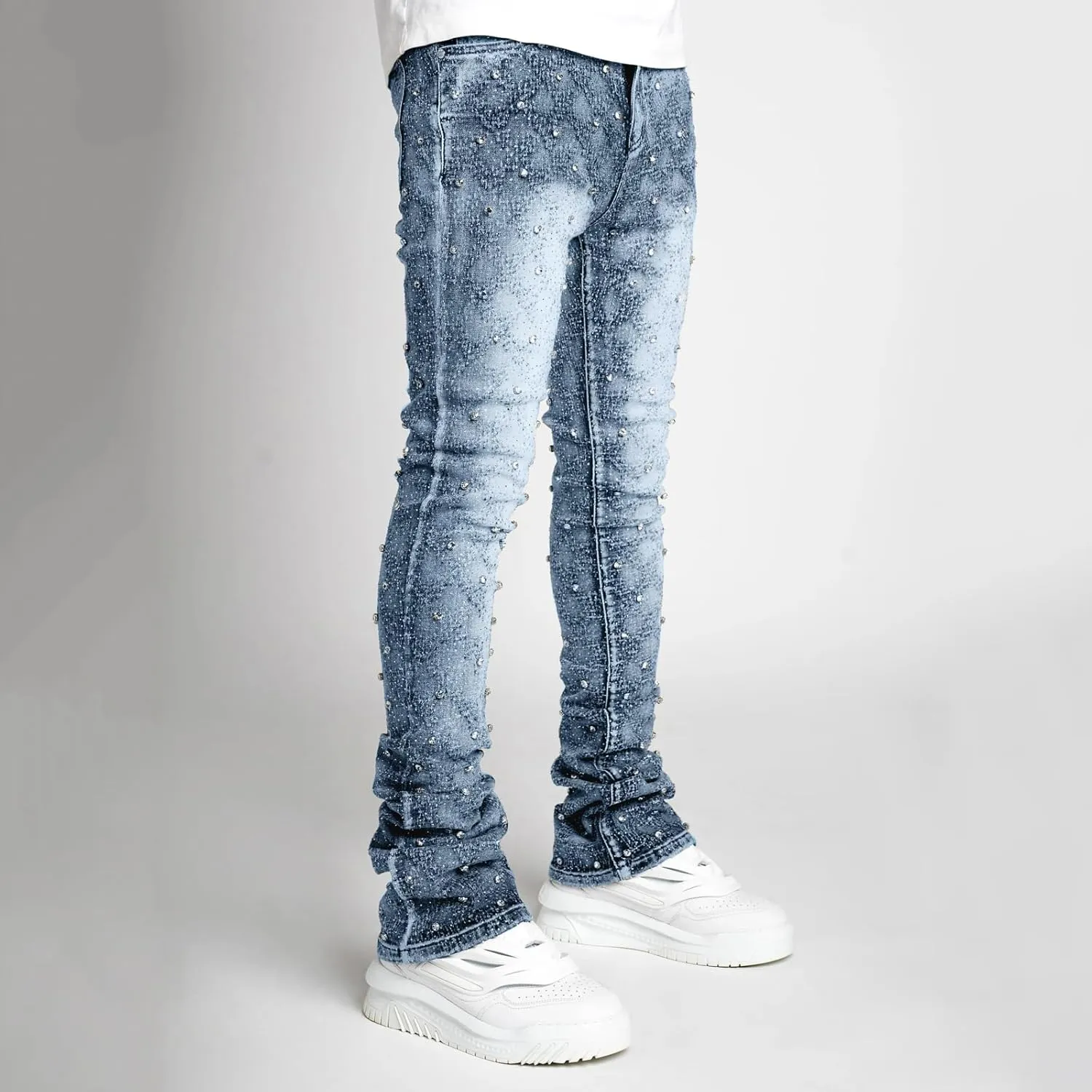 Jeans for Men Stretch Fit Skinny Stacked Rhinestone Jeans Slim Fit Printed Y2K Denim Pants Trousers Streetwear