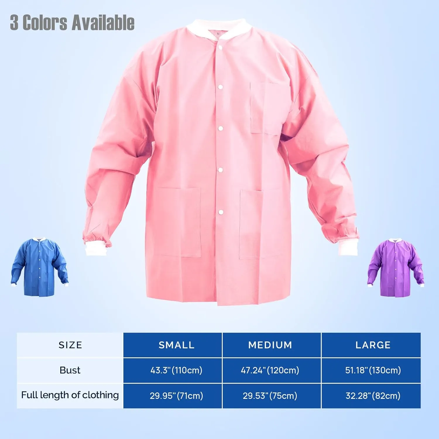 JMU 10-50 Pack Disposable Lab Jackets, SMS Medical Jackets/Coats for Men and Women, Knit Cuffs & Collar, 3 Pockets