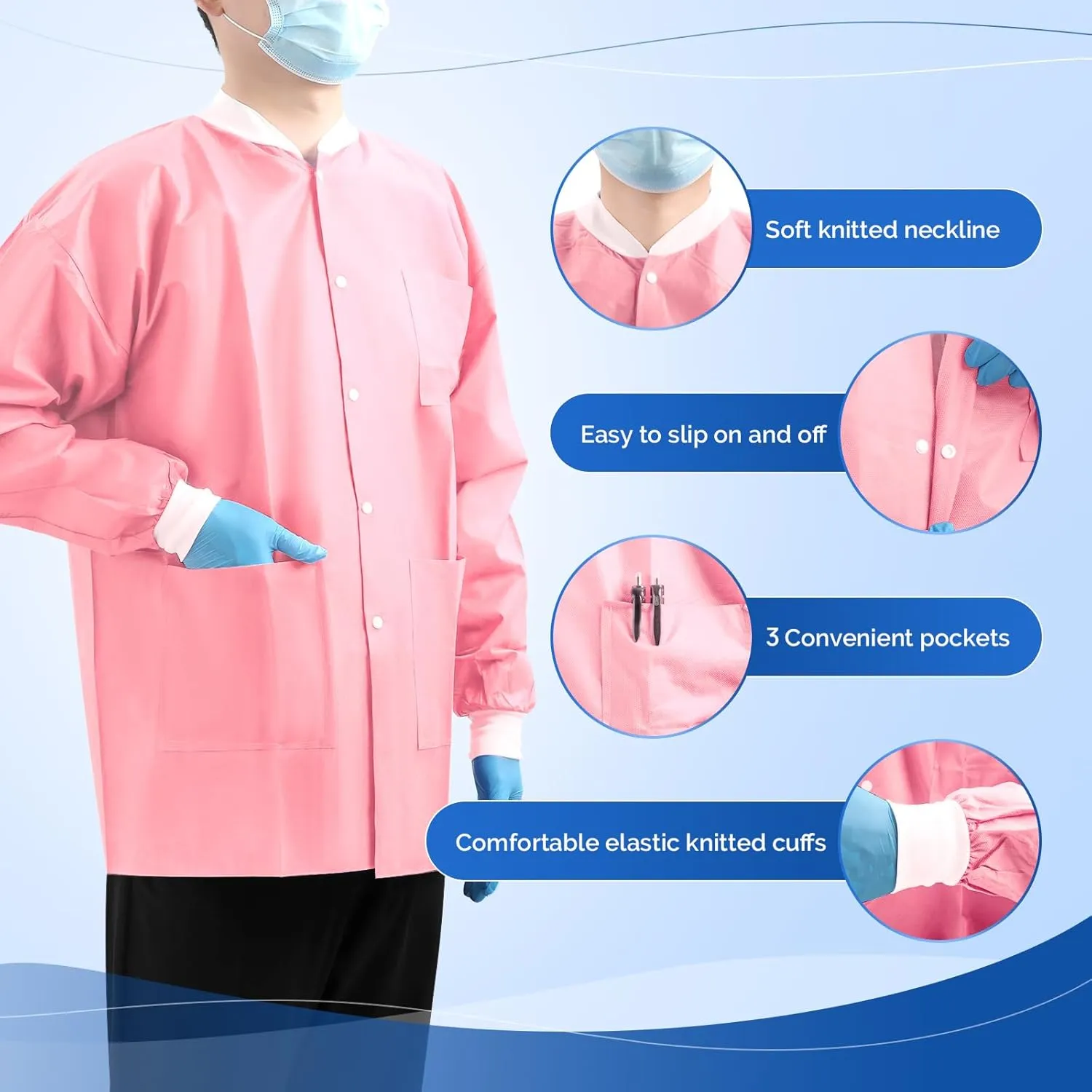 JMU 10-50 Pack Disposable Lab Jackets, SMS Medical Jackets/Coats for Men and Women, Knit Cuffs & Collar, 3 Pockets