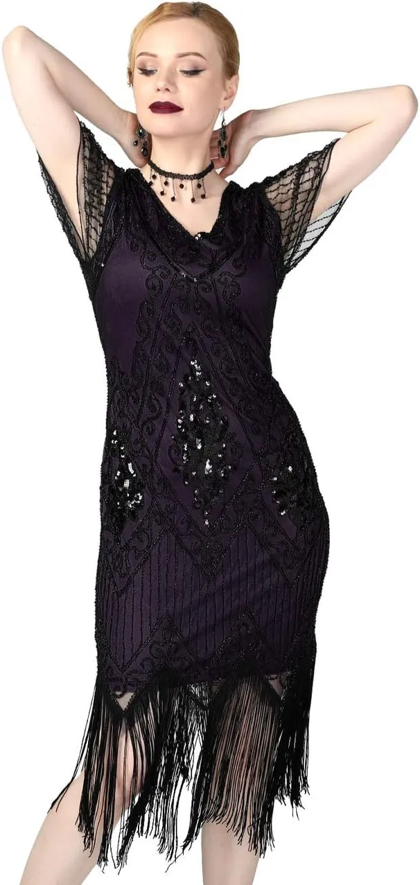 kayamiya Women's Flapper Dresses 1920s Sequins Art Deco Gatsby Cocktail Dress with Sleeve
