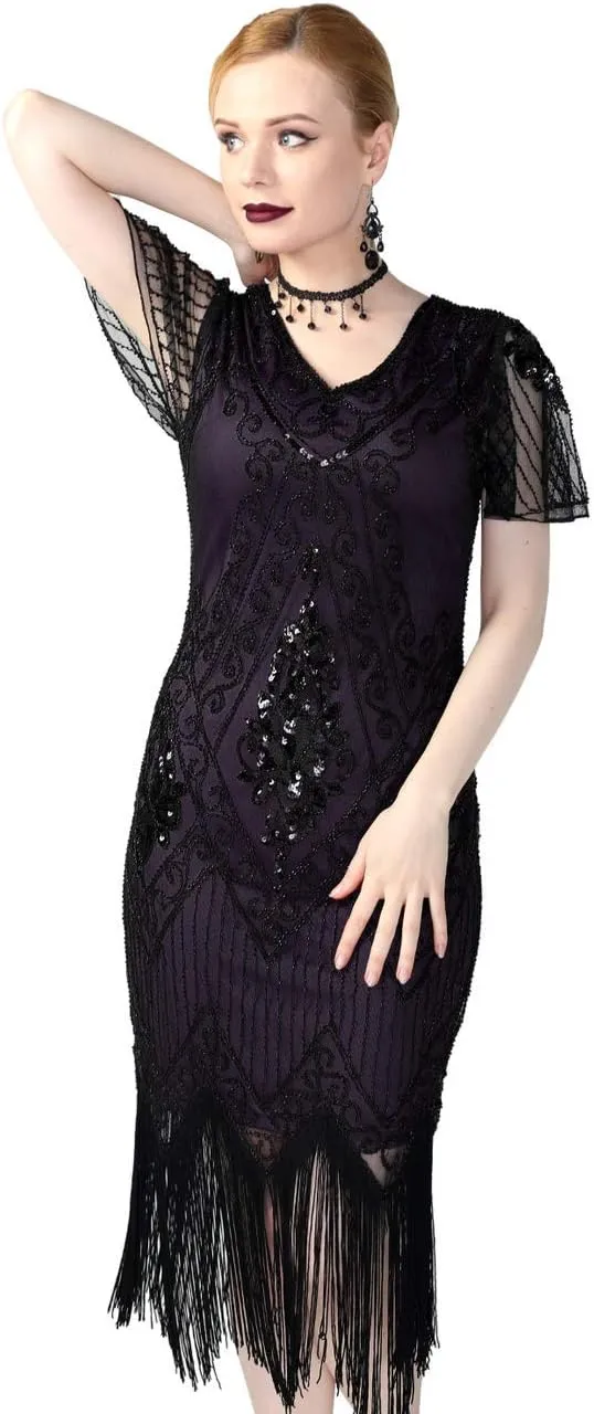 kayamiya Women's Flapper Dresses 1920s Sequins Art Deco Gatsby Cocktail Dress with Sleeve